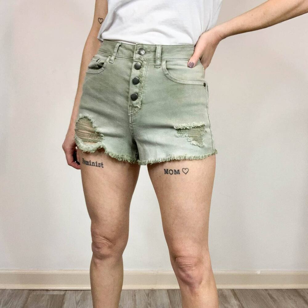 SUN & SHADOW high waist distressed denim shorts button fly ripped 2420